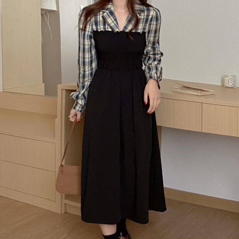 レディース ワンピース シャツ シャツワンピース 2ピース 2点セット タータンチェック柄 ハイウエスト 切り替え 長袖 袖あり 襟付き プルオーバー Aライン ロング丈 ミモレ丈 ミモレ 配色 チューブトップ 大人 大人女子 大人ガーリー