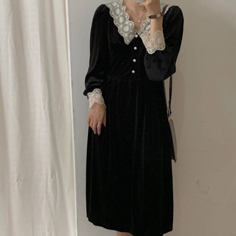 レディース ロング丈 レース ベロア クラシック 大人 大人女子 大人フェミニン お洒落 春夏 春 秋冬 秋 冬 ママコーデ 20代 30代 40代 デート お出かけ 普段使い 韓国 トレンド 大人可愛い 通勤 通学 女子会 旅行 海外旅行 デイリー