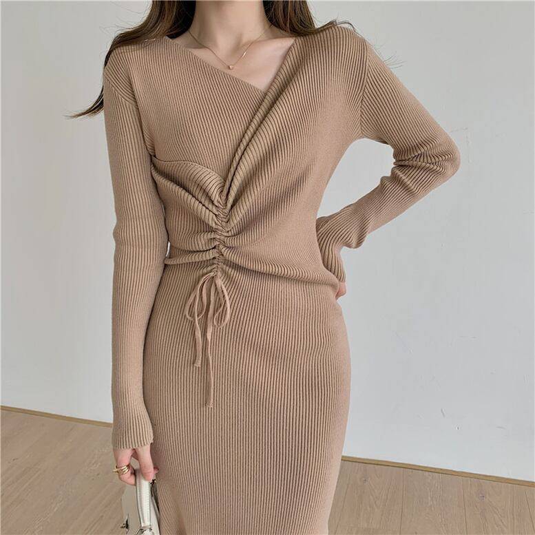 2color レディース ニットワンピース カシュクールワンピース Vネックギャザーニット長袖スリットワンピース サイドギャザーリボン カシュクールリブニットワンピース ワンピドレス ロングワンピース Vネック クロスデザイン ドロップショルダー