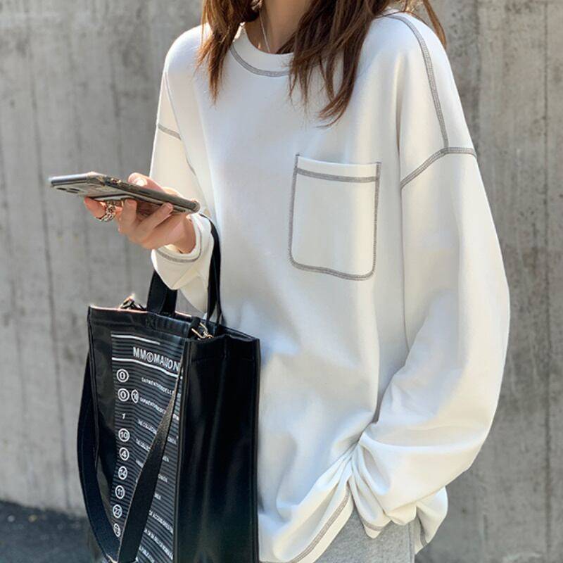 3color レディース カットソー Tシャツ 長袖 ステッチ グレー ホワイト ブラック お洒落 春夏 ママ 20代 30代 40代 デート お出かけ 普段使い 韓国 トレンド 可愛い 大人女子 大人可愛い 大人カジュアル カジュアル レトロ