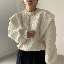 2color レディース ワントーン柄プルオーバー トップス トレーナー ニット クルーネック 長袖 パワーショルダー バルーンスリーブ 総柄 白 ホワイト 黒...