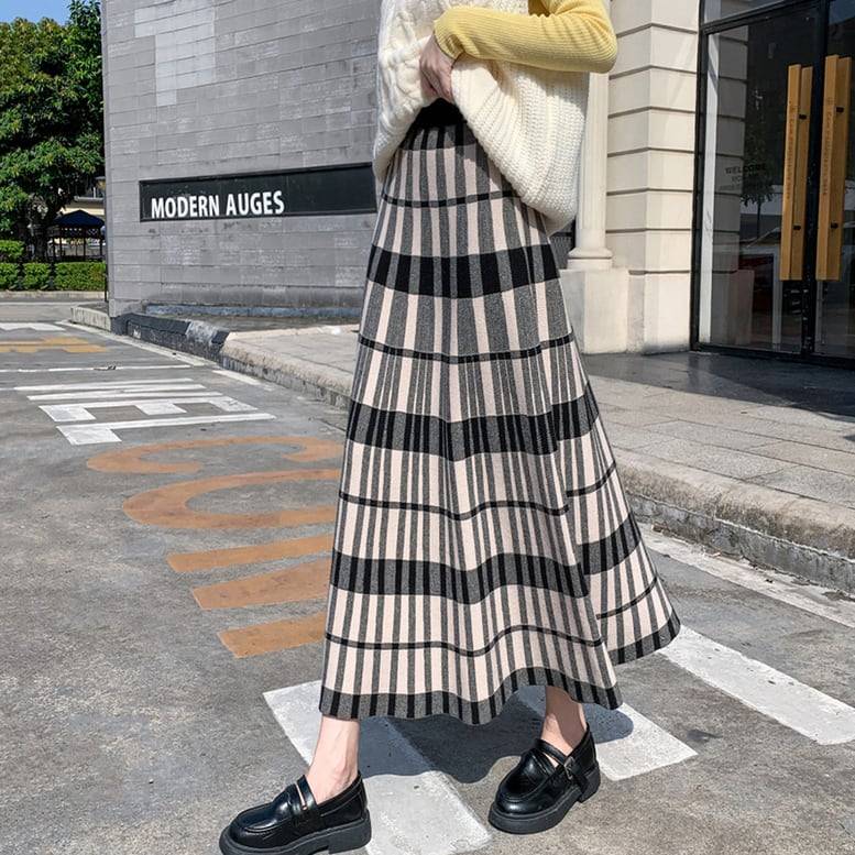 2color レディース チェック柄ニットスカート フレアスカート ロングスカート プリーツ マキシ丈 ミモレ ウエストゴム タータンチェック ハイウエスト 春夏 春 夏 秋冬 秋 冬 ニュアンスカラー ゆったり 大人可愛い きれいめ エレガント 上品