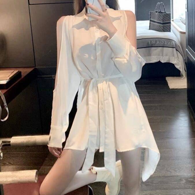 2color レディース トップス シャツ ブラウス シアーシャツ シアー 襟付き 襟あり 長そで 長袖 アシンメトリー アシメ ウエストマーク ウエストリボン ショルダーカット オープンショルダー 大人カジュアル カジュアル きれいめ キレイめ