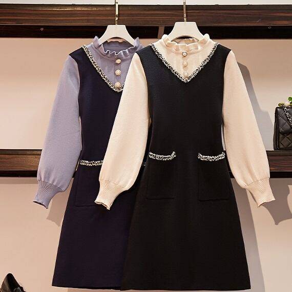 レディース ワンピース 膝上 ミニ 長袖 ビショップスリーブ ラウンドネック フリル Aライン パール 大きめパール ハイウエスト きれいめ キュート とろみ感 無地 マタニティ OL 通勤 学生 通学 デート お出かけ 女子会 パーティー イベント