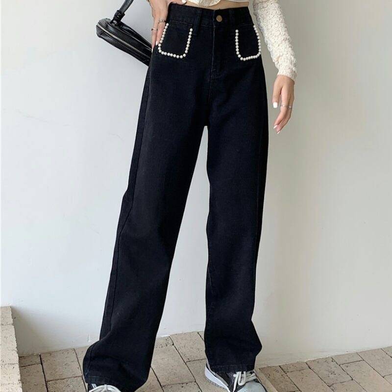 樂天商城 - 2color レディース ハイウエストデニム デニムパンツ ビーズ パール ワイドパンツ スタイルアップ 着痩せ 体型カバー おしゃれ オシャレ お洒落 春夏 春 夏 秋冬 秋 冬 ママ ママコーデ 20代 30代 40代 デート お出かけ 普段使い