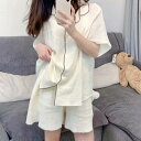 2color レディース パジャマ ネグリジェ ルームウェア ナイトウェア 寝巻 部屋着 シャツ ショート丈パンツ ショートパンツ セットアップ 上下セット 2点セット 普段使い 韓国 トレンド かわいい 可愛い 大人 大人女子 大人かわいい