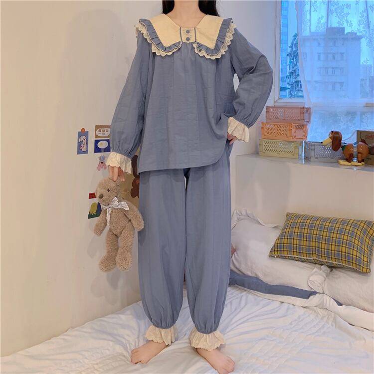 2color レディース パジャマ ネグリジェ ルームウェア 部屋着 寝巻 リラックス リラックスウェア リボン レース ガーリー キュート ラブリー 長袖 大きめ ゆったり ビッグシルエット ビッグサイズ ゆる ルーズ ラフ くすみカラー 普段使い