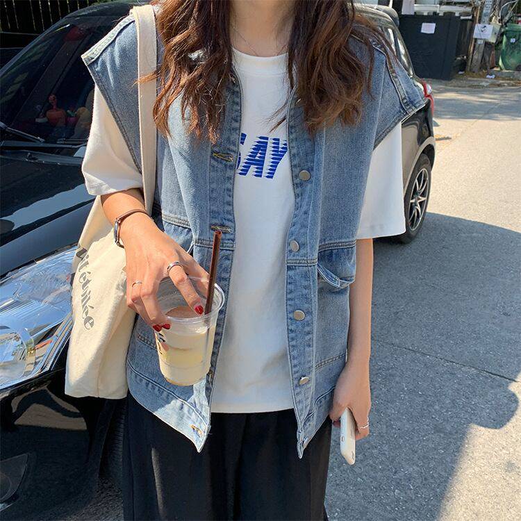 2color レディース アウター ジャケット デニム デニムジャケット デニムシャツ 襟あり レイヤード ノースリーブ フレンチスリーブ ベスト デニムベスト ポケット ボーイッシュ メンズライク 抜け感 大人カジュアル レトロ スタイリッシュ