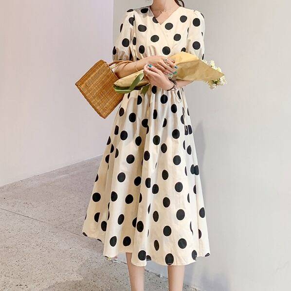 2color レディース ワンピース ロングワンピース 水玉 ドット ウエストマーク ハイウエスト 着痩せ 体型カバー 半袖 パフスリーブ スタイルアップ ミモレ ミモレ丈 Vネック カシュクール おしゃれ オシャレ お洒落 春夏 春 夏 秋 ママ