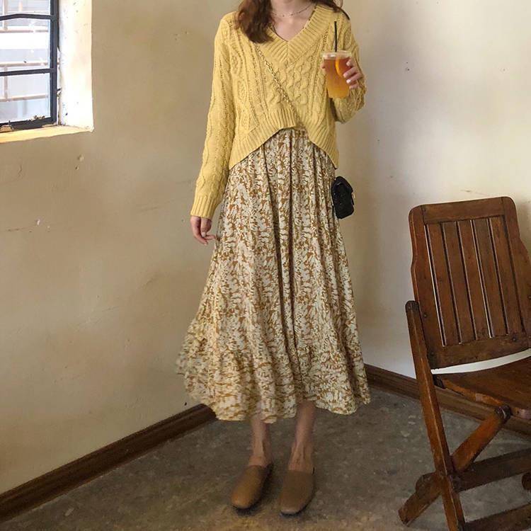 2color レディース セット セットアップ set 2点セット ワンピース 膝下 ロングワンピース フレア ニット ケーブルニット Vネック バックリボン ...