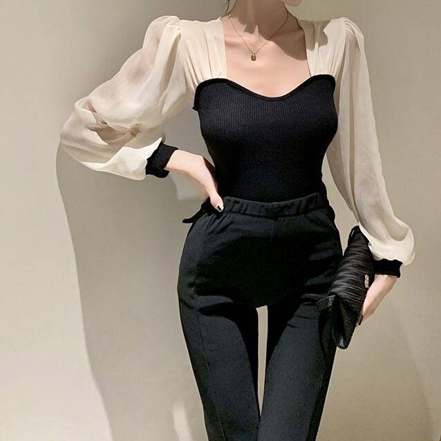 レディース トップス ブラウス カットソー 長袖 長そで 異素材 異素材ミックス スクエアネック セクシー フェミニン タイト パフスリーブ 無地 シンプル カジュアル 大人カジュアル 上品 きれいめ キレイめ スタイリッシュ こなれ感 おしゃれ