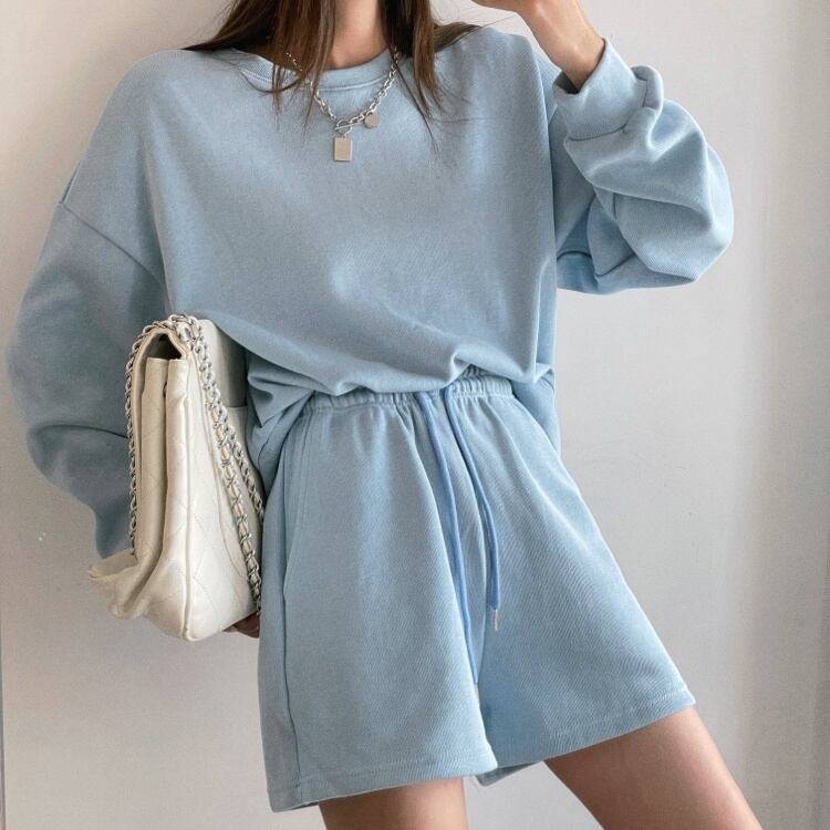 2color レディース セット 2点セット set 上下セット トップス プルオーバー 長袖 長そで ドロップショルダー ラウンドネック トレーナー パンツ ショートパンツ 半パン 短パン 無地 シンプル カジュアル 大人カジュアル スタイリッシュ