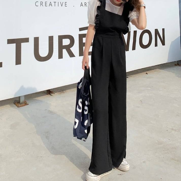 レディース サロペット つなぎ オールインワン ブラック 黒 フリル ノースリーブ 袖なし ロングパンツ 長ズボン 膝下 ワイド セミワイド ハイウエスト ハィウエスト タック タック入り 脚長効果 体型カバー シンプル 大人カジュアル カジュアル