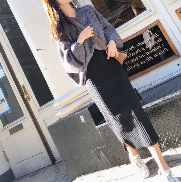 3color レディース ニット リブニット ニットセットアップ ニットトップス 長袖 ボリュームスリーブ Vネック スカート ロングスカート ニットスカート ロング丈 セット セットアップ 上下セット set 2点セット 無地 シンプル