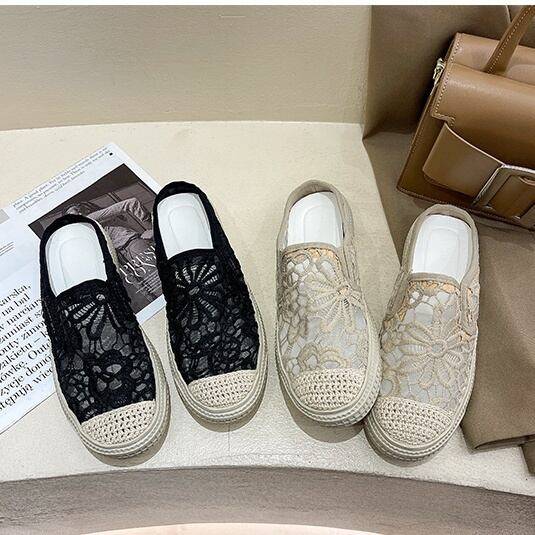 2color レディース シューズ 靴 スリッポン サンダル スリッパ ジュート レース ローヒール フラット ..