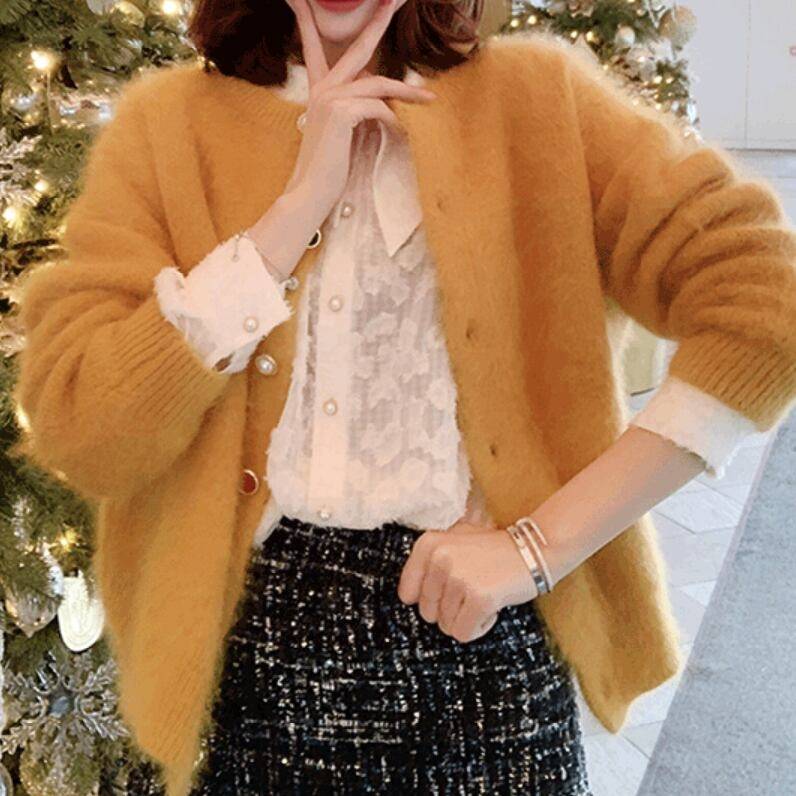 2color レディース アウター ニット カーディガン トップス 長そで 長袖 ふんわり モコモコ もこもこ あったか 暖かい シンプル カジュアル 大人カジュアル 上品 きれいめ キレイめ レトロ キュート ガーリー おしゃれ オシャレ お洒落
