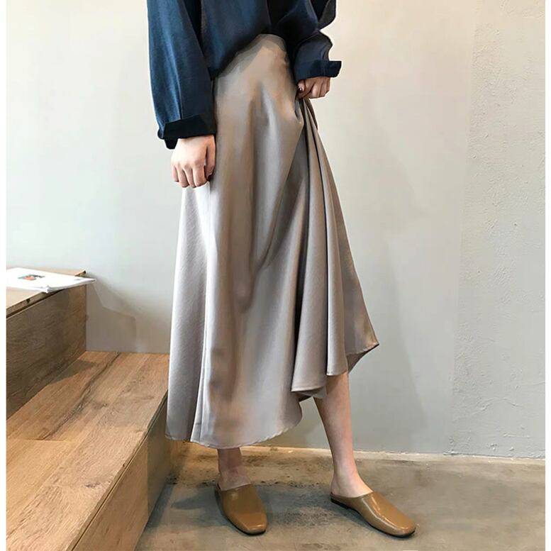 2color レディース サテンフレアスカート ミモレ丈とろみスカート スカート ロングスカート ひざ下 ミモレ丈 ロング ロング丈 フレア ハイウエスト 大人可愛い きれいめ 上品 レトロ 大人女子 こなれ感 ガーリー エレガント とろみ 大人カラー