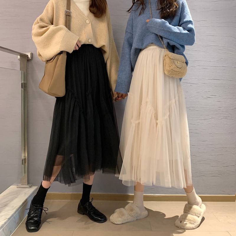 2color レディース スカート ロングスカート ロング ロング丈 マキシ マキシ丈 ミモレ ミモレ丈 プリーツ レース シフォン 切り替え チュール ふんわり 透け感 フェミニン カジュアル 華やか キュート おしゃれ オシャレ お洒落 春夏 春