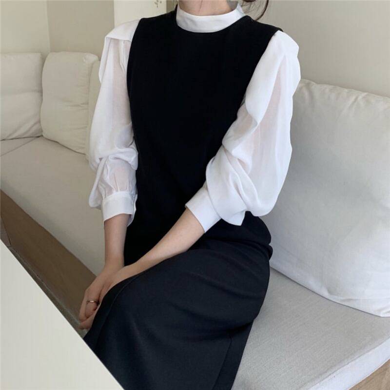 レディース セットアップ セット 2点セット セパレイト セパレート ワンピース ホワイトシャツ シャツ ロングワンピース 膝下 長そで 長袖 ボリューム袖 バルーンスリーブ スタンドカラー モノトーン カジュアル 大人カジュアル モード系 シック