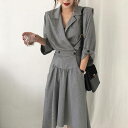 レディース 開襟ワンピース 千鳥格子ワンピース スーツワンピース アシンメトリー ハイウエスト ドレス ワンピース シャツワンピース フレアワンピース ひざ下 ロング 長袖 Vネック エレガント 大人可愛い きれいめ 華やか 上品 レトロ クラシック(4)