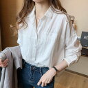 レディース ダブルポケットシンプルデザインシャツ コットンレギュラーカラーシャツ トップス シャツ ブラウス 白シャツ 白トップス 長袖 ドロップショルダー 襟付き ポケット 綿 大人可愛い きれいめ 上品 かっこいい 大人女子 こなれ感 ラフ 白