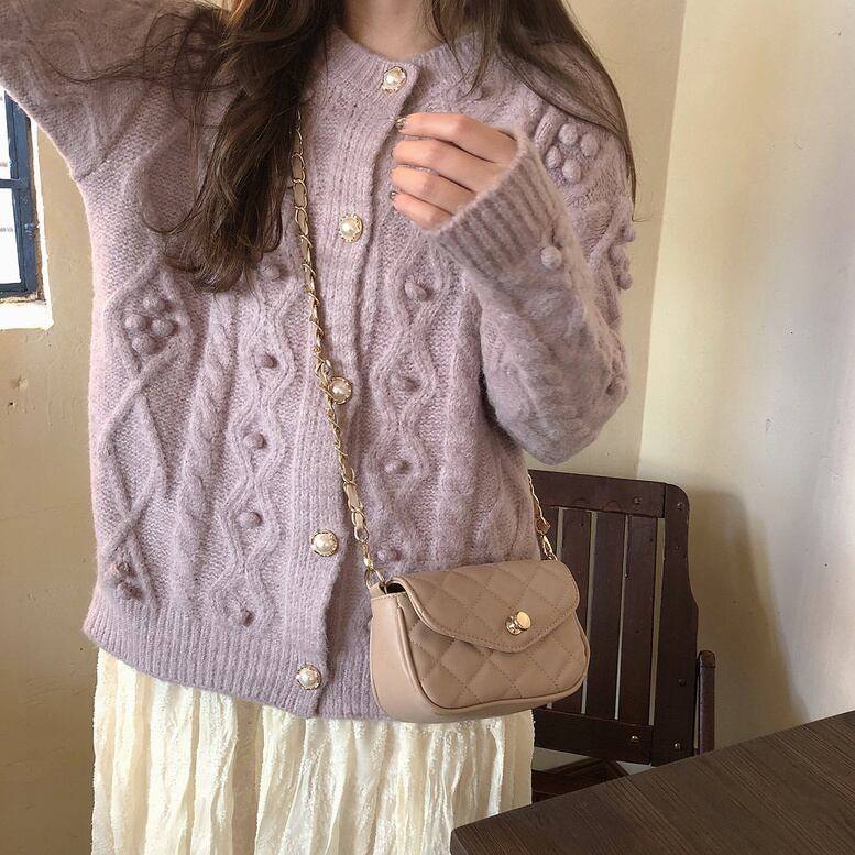 レディース ミックスニットカーデ クルーネック ニットカーディガン トップス カーディガン プルオーバー ガウン 長袖 ドロップショルダー ラウンドネック 大人可愛い きれいめ 上品 レトロ 大人女子 ラフ キュート ガーリー 紫 パープル 大人カラー