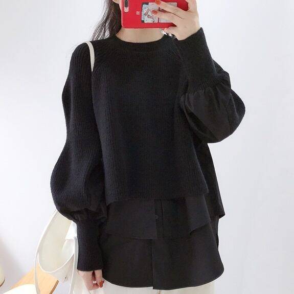 2color レディース トップス 二ット セーター シャツ クルーネック 重ね着風 重ね着 レイヤード風 レイヤード プルオーバー ドッキング ボリューム袖 ブラック 黒 グレー 灰色 カジュアル シンプル 華やか おしゃれ オシャレ お洒落 春夏