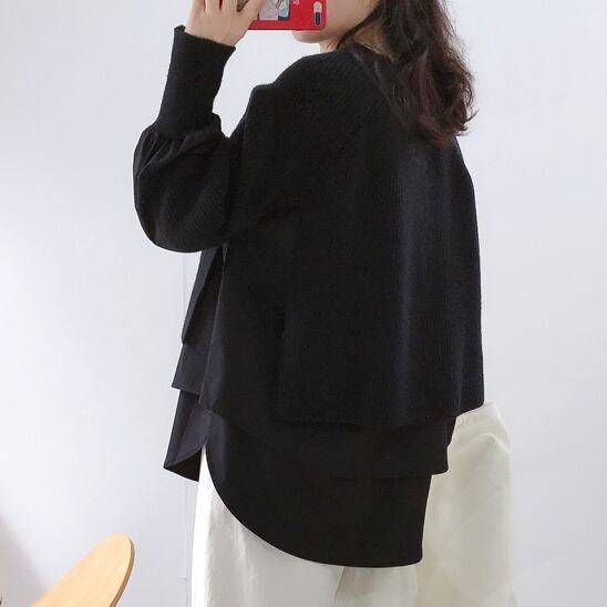 2color レディース トップス 二ット セーター シャツ クルーネック 重ね着風 重ね着 レイヤード風 レイヤード プルオーバー ドッキング ボリューム袖 ブラック 黒 グレー 灰色 カジュアル シンプル 華やか おしゃれ オシャレ お洒落 春夏