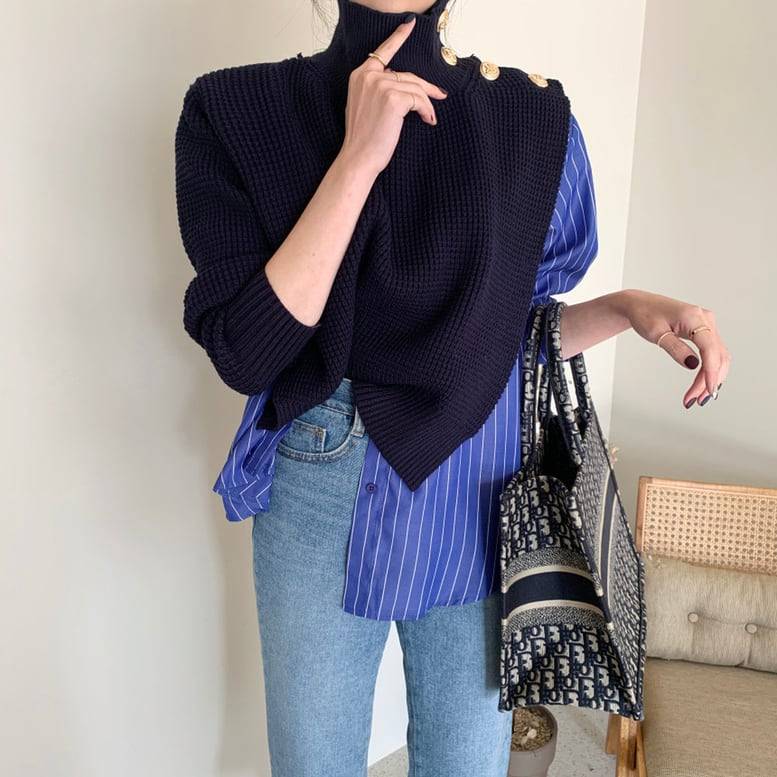 乐天商城 - 2color レディース シャツドッキングハイネックプルオーバー ストライプシャツ フェイクレイヤード トップス シャツ カットソー セーター プルオーバー 長袖 ニット 異素材MIX 大人可愛い きれいめ 上品 大人女子 黒 ブラック 青 ブルー
