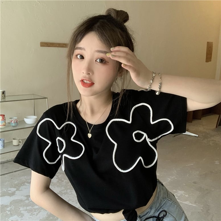 3color レディース フラワーTシャツ 花柄 トップス シャツ プルオーバー クルーネック 半袖 配色 バイカラー 黒 ブラック イエロー パープル 大人可愛い きれいめ 大人 上品 おしゃれ レトロ マニッシュ キュート ガーリー ルーズ