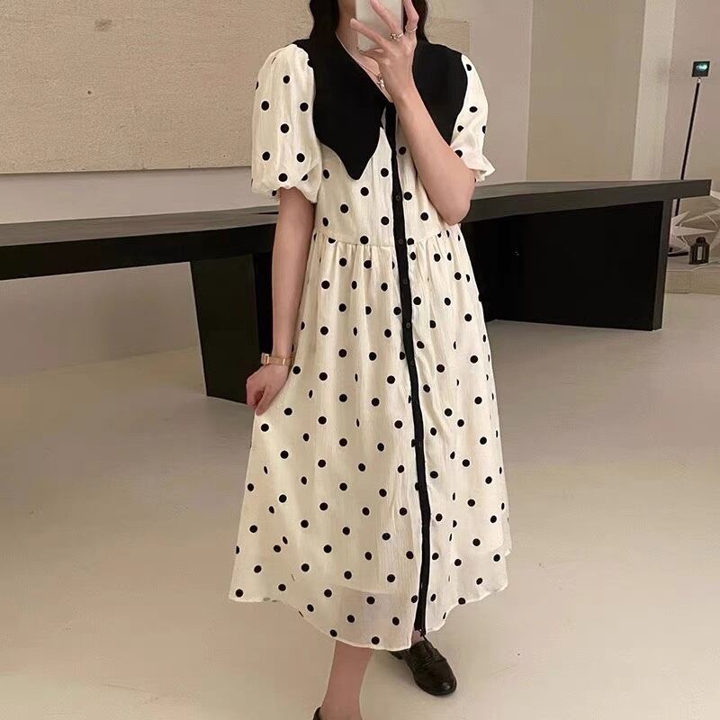 乐天商城 - レディース ワンピース シャツワンピース ミモレ丈ワンピース ミモレ丈 ドット柄 水玉模様 膝下 袖あり 半袖 パフスリーブ Vネック ビックカラー ハイウエスト フェミニン 大人ガーリー ガーリー 上品 きれいめ お洒落 春夏 春 夏 ママ