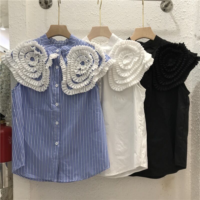 乐天商城 - 3color レディース トップス シャツブラウス シャツ ブラウス ビックカラー フリル 無地 ストライプ柄 袖なし ノースリーブ 清潔感 爽やか 涼しげ 大人カジュアル カジュアル 個性的 ガーリー フェミニン ホワイト ブルー ブラック お洒落