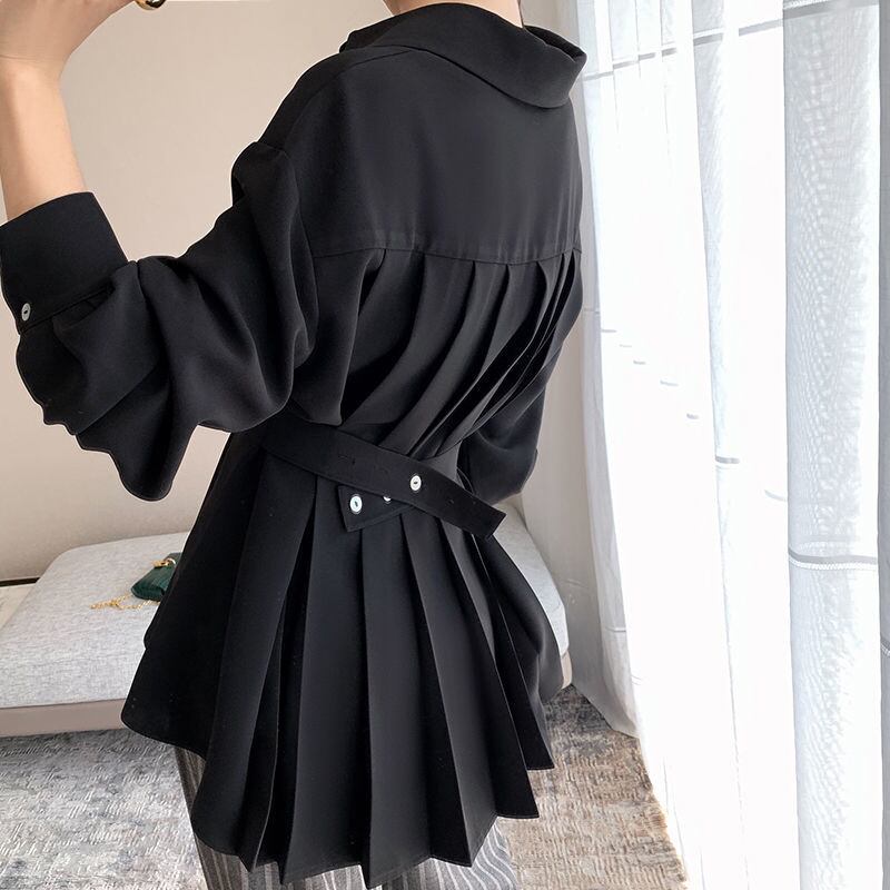 樂天商城 - 4color レディース トップス シャツブラウス シャツ ブラウス ペプラムシャツ バックプリーツ タックデザイン シフォン 無地 襟付き ポロ襟 袖あり 長袖 ボリューム袖 ドロップショルダー 清潔感 エレガント 大人カジュアル フェミニン