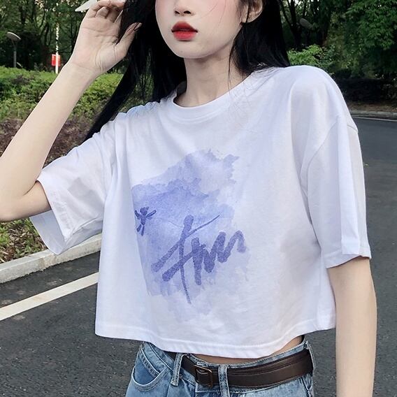 乐天商城 - 2color レディース トップス Tシャツ 半袖シャツ クロップドTシャツ クロップド へそ出し 肌魅せ ルーズ ラフ プリントシャツ 袖あり 半袖 ラウンドネック ドロップショルダー ゆったり ゆる 大人カジュアル カジュアル ガーリー ホワイト