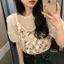 レディース セットアップ ツーピース レイヤード トップス シアートップス 花柄キャミソール メッシュ シースルー 無地 花柄 袖あり 半袖 五分丈 ボリューム...