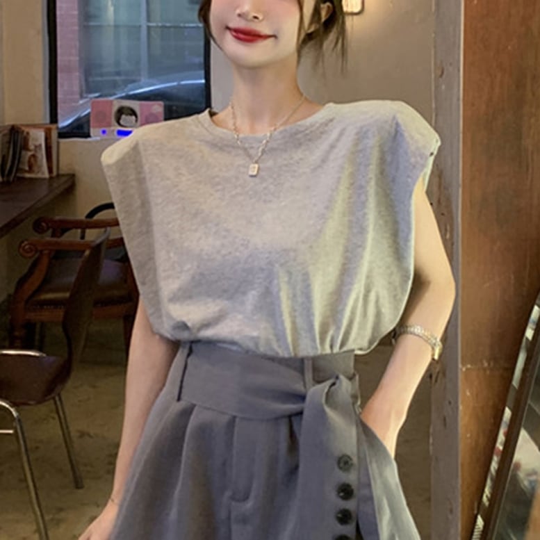 樂天商城 - 2color レディース トップス フレンチ袖シャツ Tシャツ ノースリーブ クルーネック フレンチスリーブ パワーショルダー 二の腕カバー グレー ブラック 黒 大人可愛い きれいめ 上品 マニッシュ キュート ガーリー ルーズ エレガント