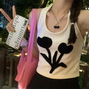 2color レディース サマーニットタンクトップ ノースリーブ トップス ショート丈 ラウンドネック 袖なし 花柄 カットソー ニット インナー チューリップ フラワー 白 ホワイト 黒 ブラック 大人可愛い きれいめ 上品 レトロ キュート