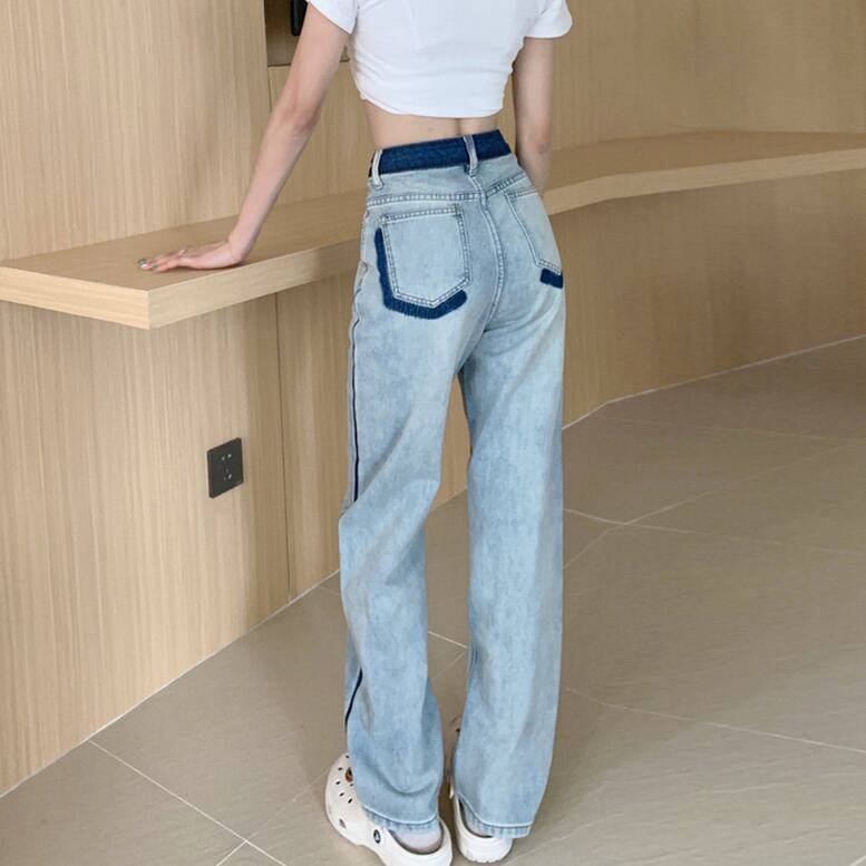 レディース 配色デニムパンツ ストレート パンツ ワイドパンツ デニム ボトムス ウエストマーク サイド..