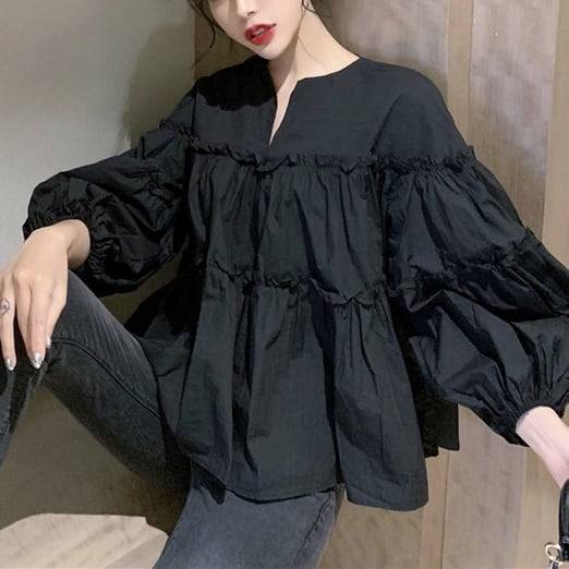 レディース トップス シャツブラウス シャツ ブラウス ティアードフリル フレア Aライン Vネック キーネック 無地 袖あり 長袖 バルーンスリーブ ボリューム袖 シンプル 大人カジュアル カジュアル ガーリー ブラック お洒落 春夏 春 秋 ママ