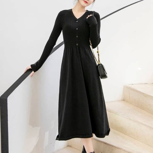 レディース ワンピース ロングワンピース ニットワンピース ミモレ丈ワンピース ミモレ丈 Vネック ドッキング カーディガン風 リブニット 異素材MIX 膝下 袖あり 長袖 Aライン フレア ハイウエスト フロントボタン スリム ガーリー 上品