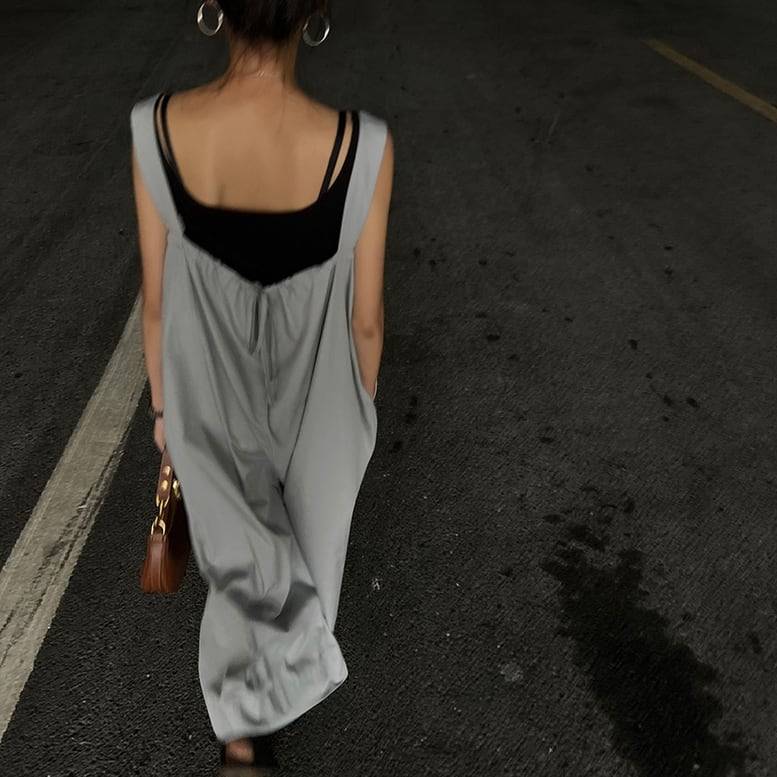 2color レディース オールインワン サロペット パンツ オーバーオール ジャンプスーツ ワイドパンツ ビッグシルエット ノースリーブ フレアパンツ 灰色 グレー ピンク 大人可愛い きれいめ 上品 マニッシュ キュート ガーリー ルーズ クール