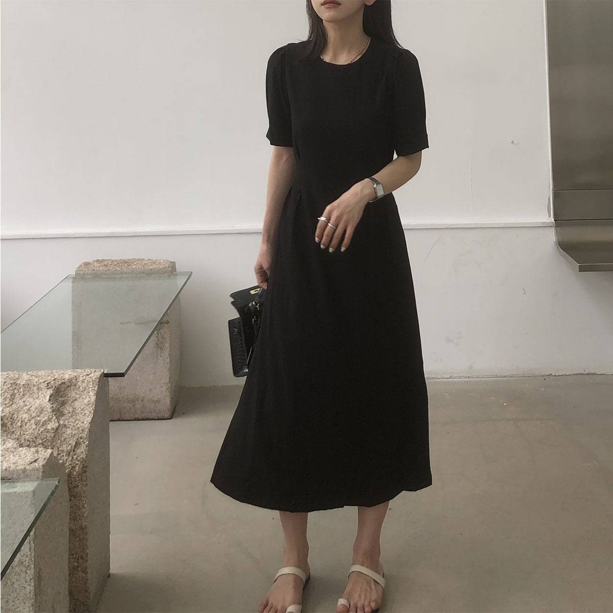 2color レディース ワンピース タックワンピース ミモレ丈ワンピース ミモレ丈 ラウンドネック