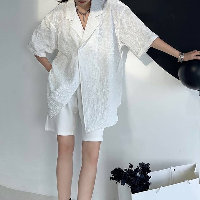 レディース エンボス加工オーバーシャツジャケット トップス アウター 半袖 エンボス オープンカラー シャツ ブラウス 開襟 サマー ジャケット シアー 薄手 白 ホワイト 大人可愛い きれいめ 上品 おしゃれ マニッシュ ガーリー ルーズ クール