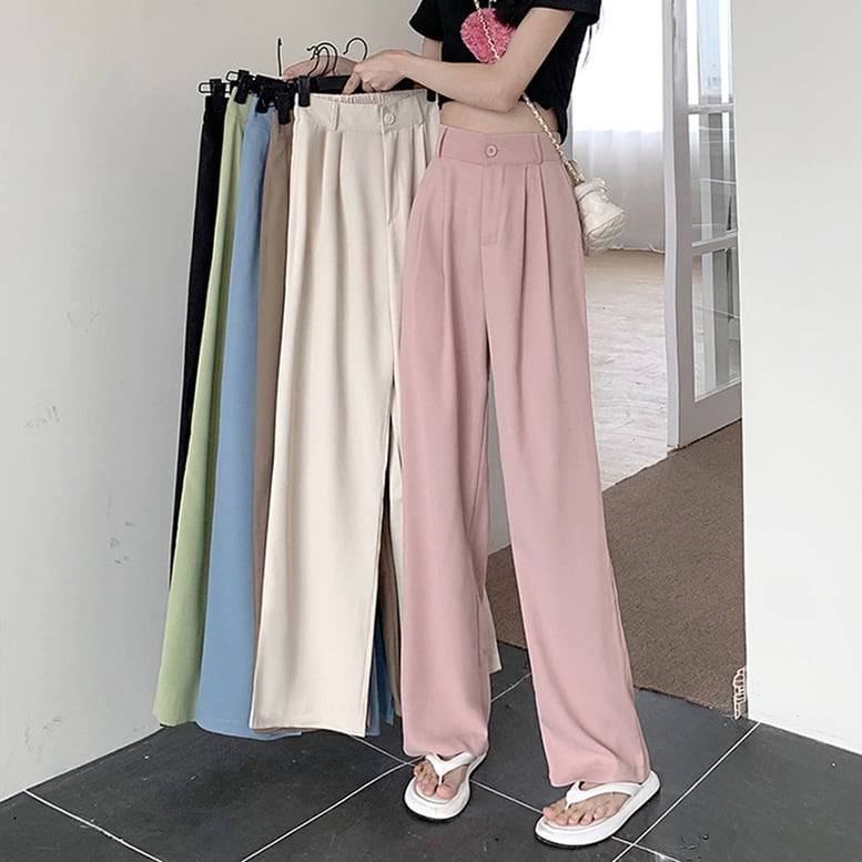 6color レディース ツータックセミワイドパンツ カラースラックス ハイウエスト ツータック ワ