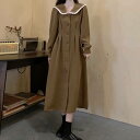 2color レディース ビッグカラーウエストタックワンピース ロングワンピース 長袖 襟付き フレアワンピース シャツワンピース くびれ 配色パイピング襟ワンピース ロング丈 ドレス バルーンスリーブ ミモレ丈 フロントボタン 大きいサイズ カーキ(4)
