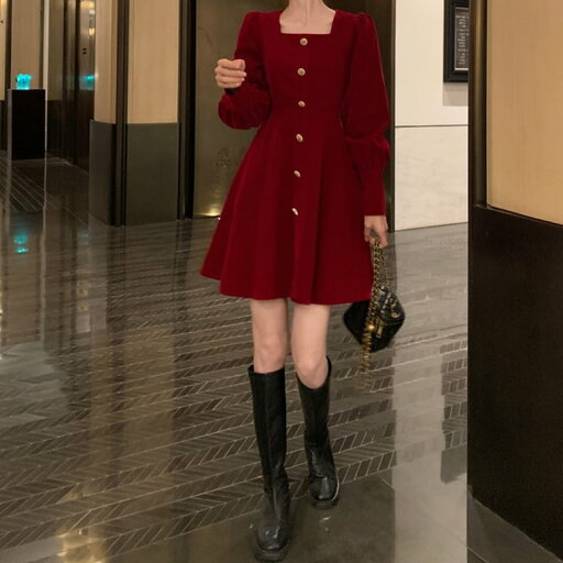2color レディース ワンピース フロントボタンスクエアネックフレアワンピース ショート丈ワンピース フレアワンピース 長袖 2color レディース ワンピース フロントボタンスクエアネックフレアワンピース ショート丈ワンピース フレアワンピース 長袖