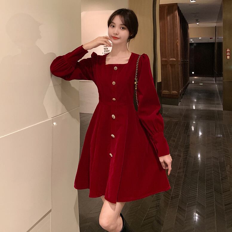 2color レディース ワンピース フロントボタンスクエアネックフレアワンピース ショート丈ワンピース フレアワンピース 長袖