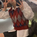 2color レディース トップス ベスト ニットベスト ショート丈 アーガイルニット アーガイル柄 袖なし ノースリーブ レトロ ガーリー