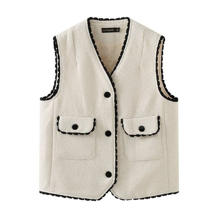 レディース トップス ジレ ベスト ジレベスト ツイードベスト スカラップ パイピング モノトーン バイカラー ポケット 無地 袖なし