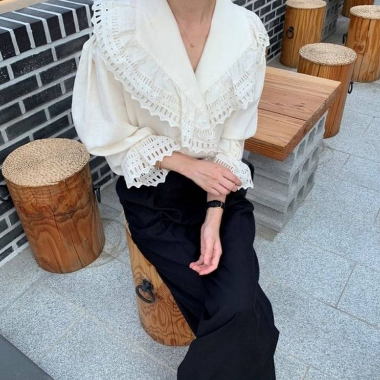 レディース ブラウス トップス シャツ ビッグカラーブラウス 長袖 襟付き Vネック カシュクールブラウス レース フリル